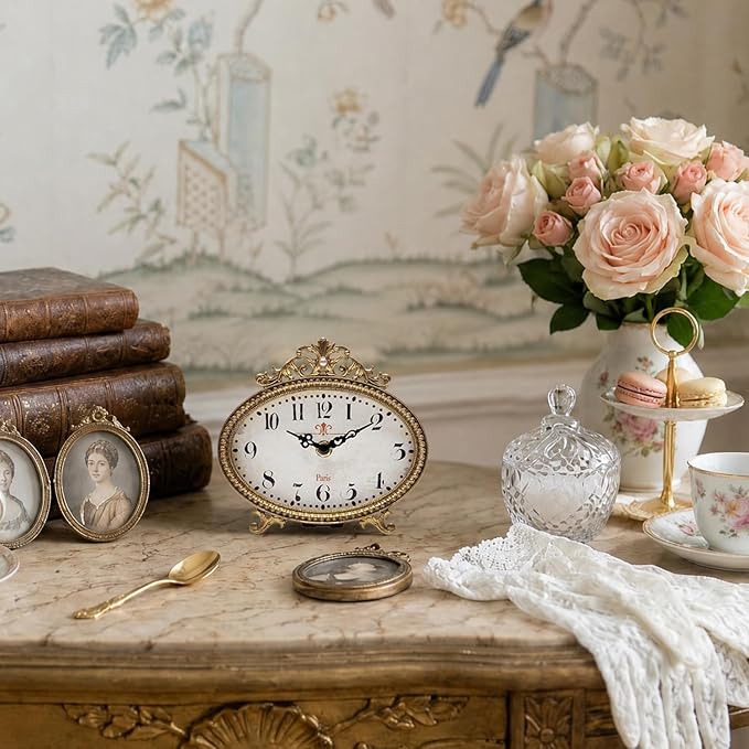 NIKKY HOME Vintage Table Clock, French Gold Color Rococo Style Desk Clock - Image 4