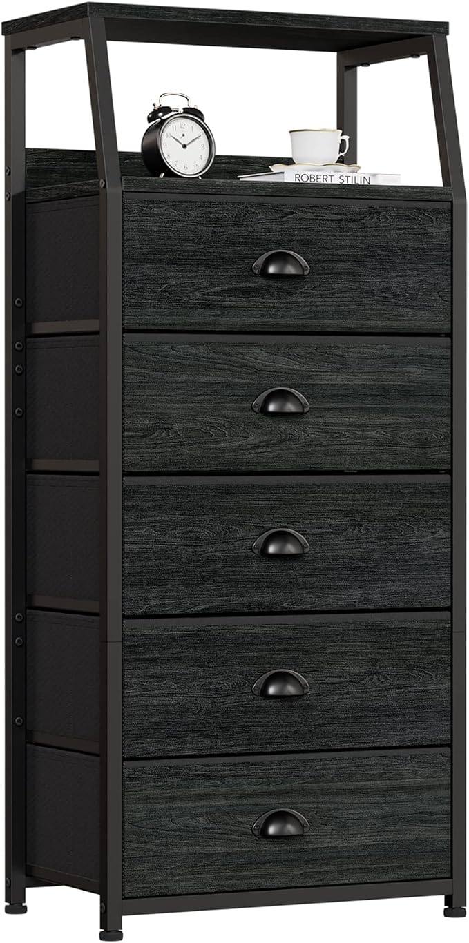 Furnulem Black Dresser with 5 Drawers, Vertical Storage Tower Fabric Dresser by Furnulem