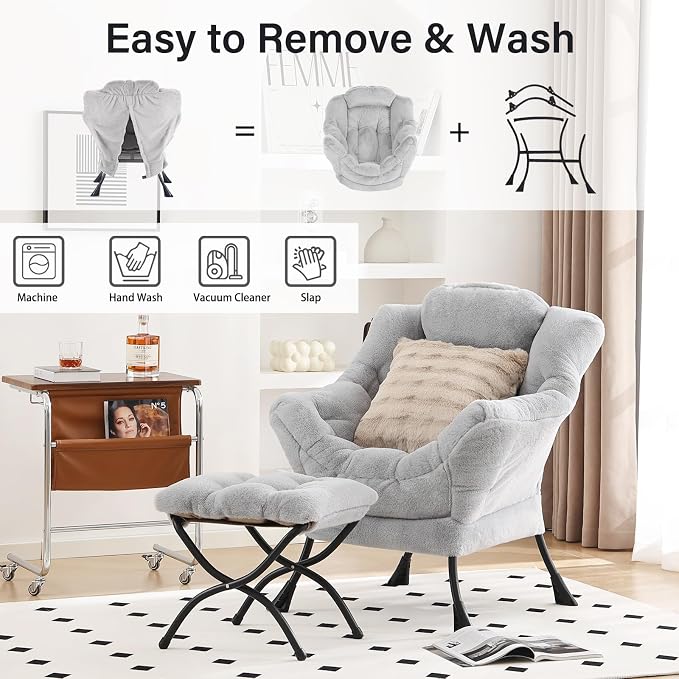 Lazy Chair with Ottoman, Large Light Grey Accent Chair with Ottoman and FA - Image 4
