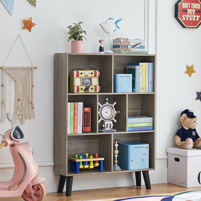 LEYAOYAO Cube Bookshelf 3 Tier Mid-Century Retro Grey Modern Bookcase - Image 5