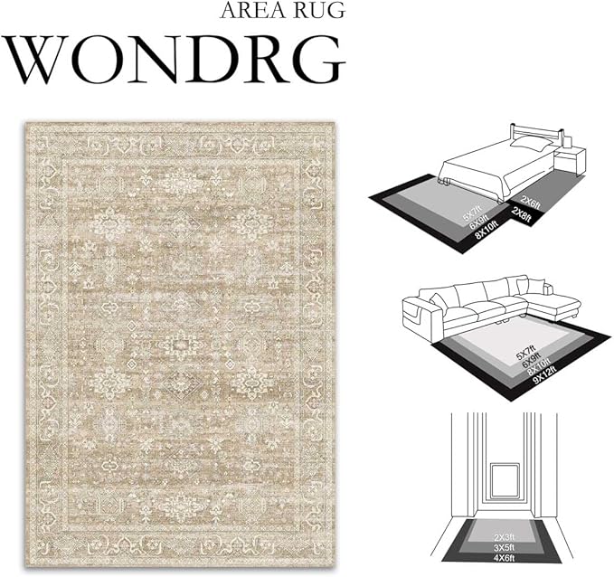 6x9 Washable Area Rug for Living Room Bedroom Vintage Beige Carpet Soft Low - Image 2