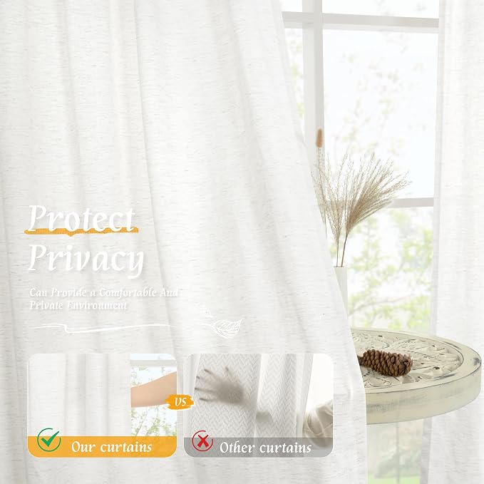 LAMIT Ivory White Linen Curtains 54 Inch Length, Faux Linen Textured Light - Image 5