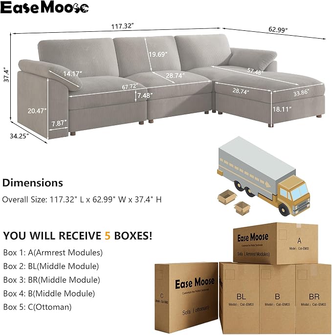 EASE MOOSE Oversized Sectional Modular Sofa, L Shape Sectional Couch Wide Deep - Image 2