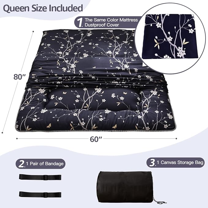 MAXYOYO Japanese Floor Mattress Navy Floral Printed Futon Mattress Foldable - Image 2