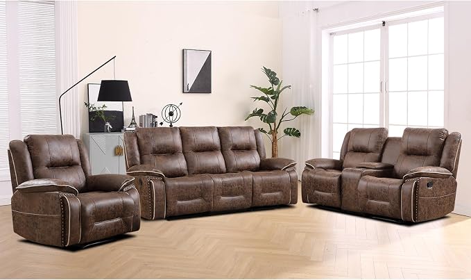 EBELLO Faux Leather Manual Recliner Sofa Set, 1 Seat Reclining Chair, a Loveseat - Image 7