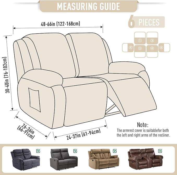 TAOCOCO Recliner Loveseat Slipcover, 6 Pieces Dual Recliner Sofa Covers - Image 6
