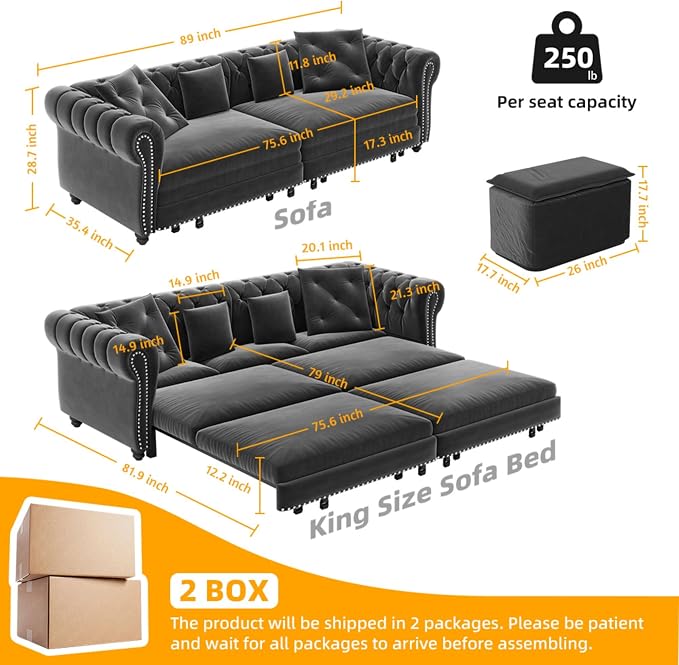 89" Velvet Pull Out Sofa Bed - Image 2