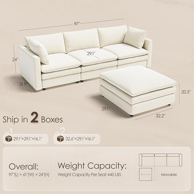 97" Cloud Couches for Living Room, 29.1" Deep Seat Modular Sectional Sofa - Image 2