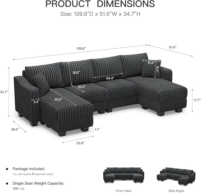 Belffin U Shaped Couch with Reversible Chaises Sectional Couches - Image 2