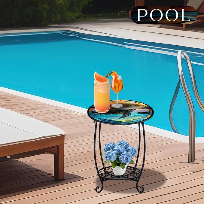 Cinnvoice Outdoor Side Table Round Small Mosaic Patio Accent Indoor End Plant - Image 6