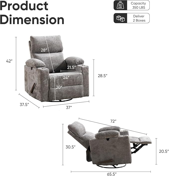 Swivel Rocker Recliner with Adjustable Armrests, Rocking Nursery Chair with - Image 2
