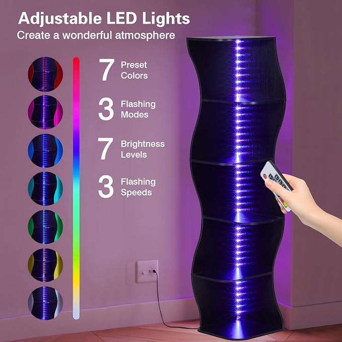 VECELO Wavy Corner Shelf with LED Light, Decorative 6-Tier Corner Display - Image 4