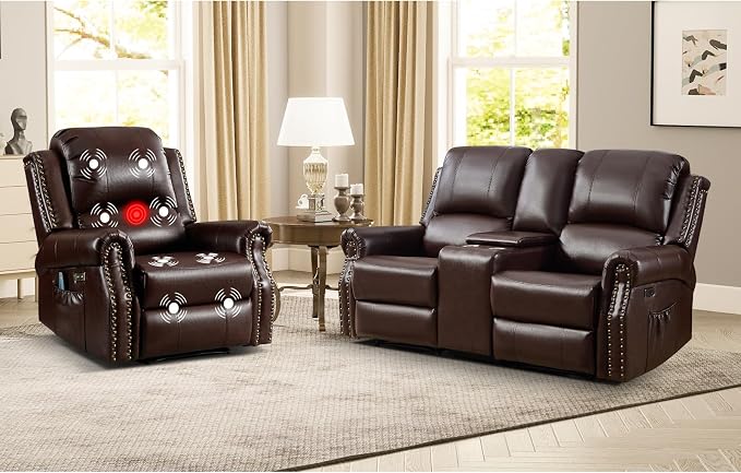 EBELLO 2-Piece Manual Recliner Sofa Set, Faux Leather Message Single Recliner by EBELLO