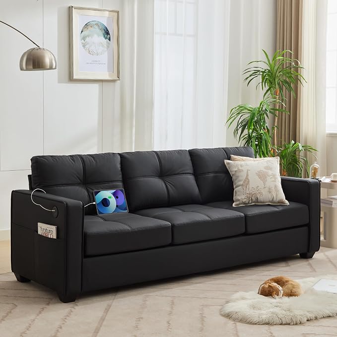 TYBOATLE 88" W Faux Leather Couches w/USB, Tufted Mid-Century Modern Comfy by TYBOATLE