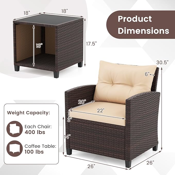 HAPPYGRILL 3 Pieces Patio Conversation Set, Outdoor Rattan Wicker Chairs & - Image 9