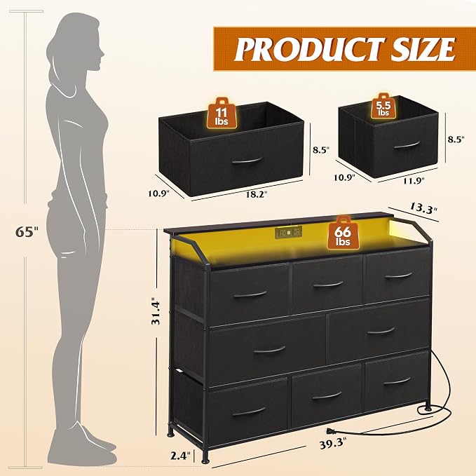 WLIVE Led Dresser for Bedroom, Wide Chest of Drawers for Hallway, 8 Fabric - Image 3