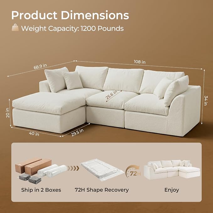 Amsleekey 108" Cloud Sectional Couches, - Image 2
