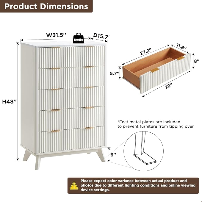 T4TREAM Fluted 5 Drawers Dresser, Curved Profile Design, Wood Drawer Organizer - Image 2