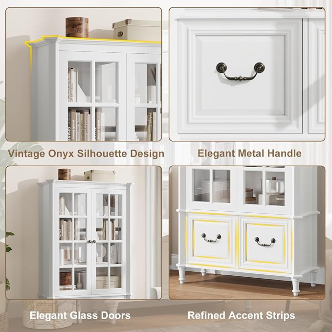 QUW 63" Tall Bookshelf with Glass Doors and Solid Wood Legs, Modern Book Shelf - Image 6