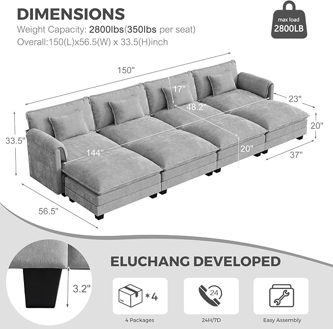 ELUCHANG Oversized 153" Modular Sectional Sofa, Comfy Deep Seat Cloud Couch - Image 2