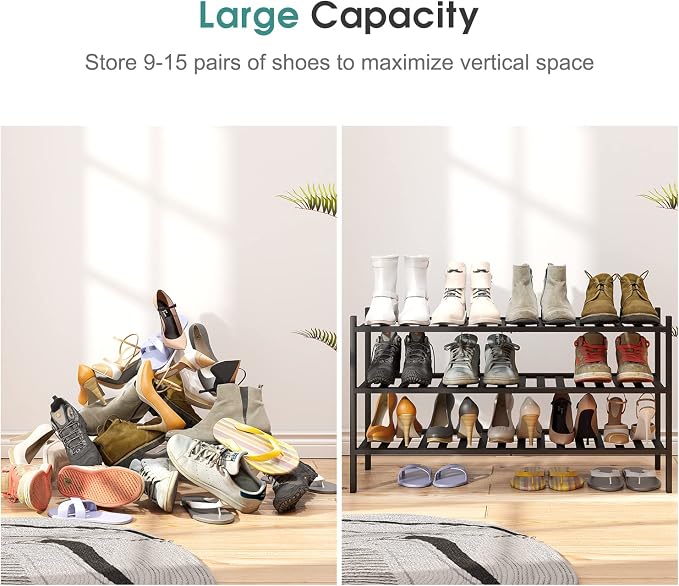 viewcare 3-Tier Long Black Shoe Rack, Bamboo Wood Shoe Rack - Image 4