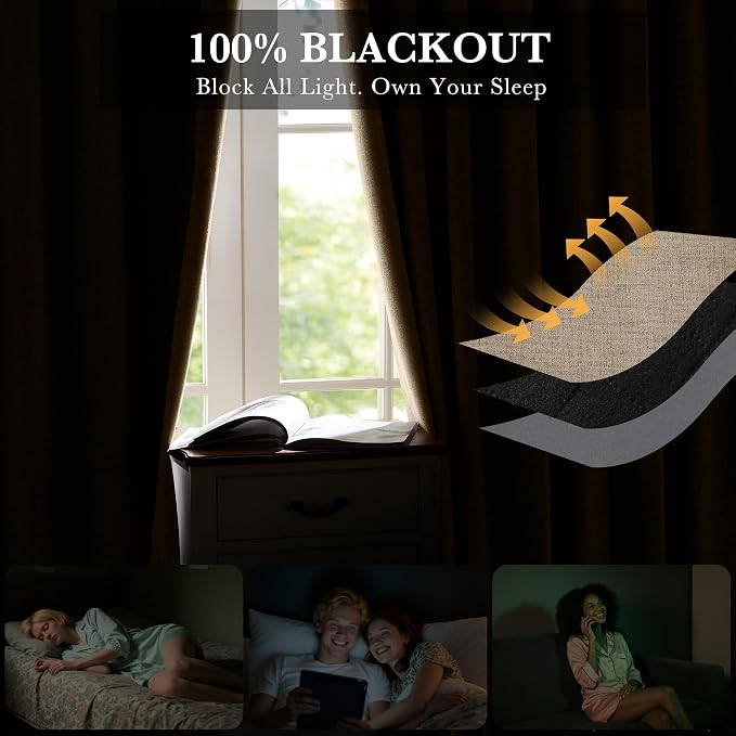 RYB HOME Burlap 100% Blackout Linen Curtains 72 inch Long, Thermal Insulated & - Image 3