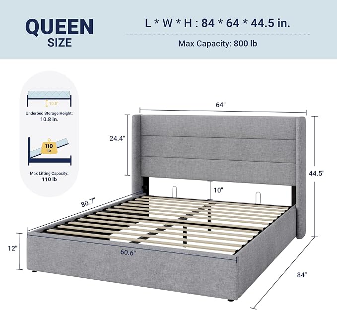 Allewie Queen Size Lift Up Storage Bed, Modern Wingback Headboard, Hydraulic - Image 2