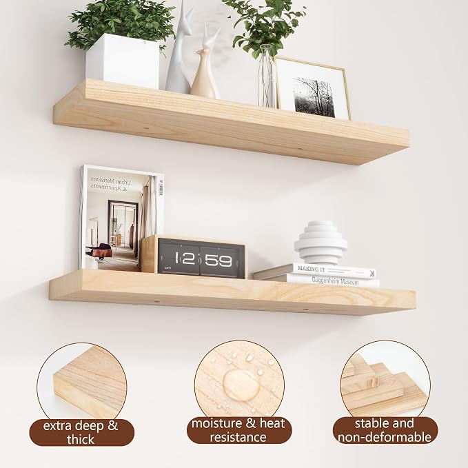 fuqing 30 Inch Floating Shelves | Natural Wood Wall Shelves Set of 2 | 30" W x - Image 5