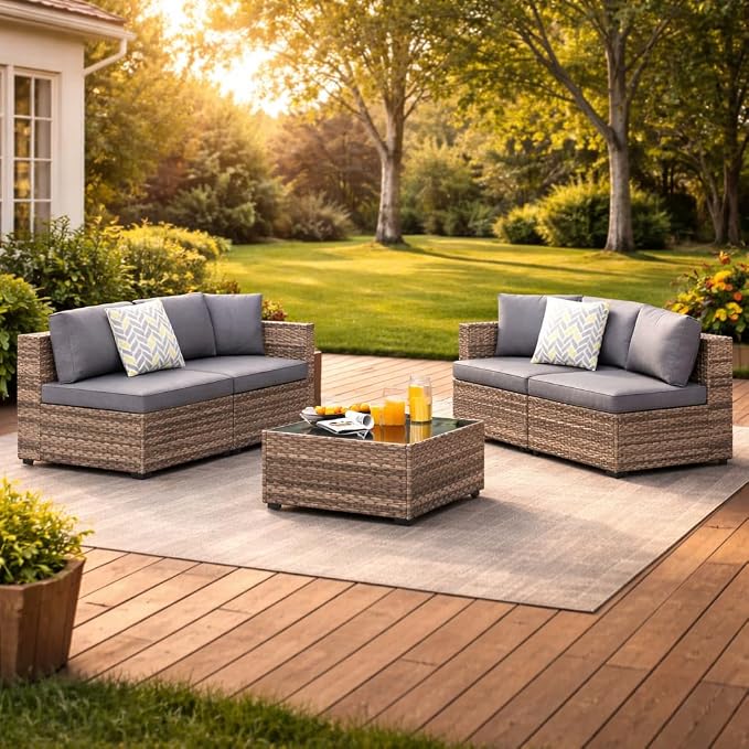 SUNLEI 5 Piece Patio Furniture Sets, Low Back All-Weather Rattan Sectional Sofa - Image 6