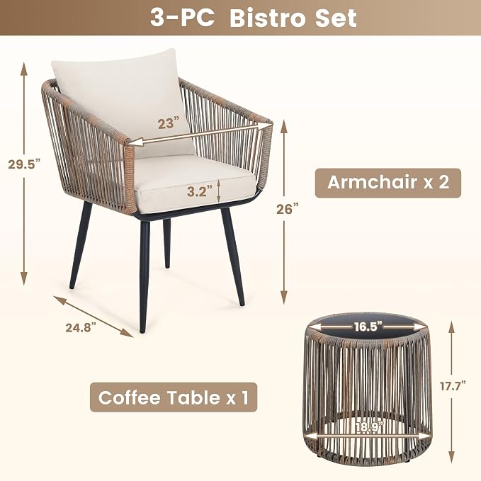 Kromax 3 Pieces Patio Rattan Bistro Conversation Set, Outdoor All-Weather - Image 5