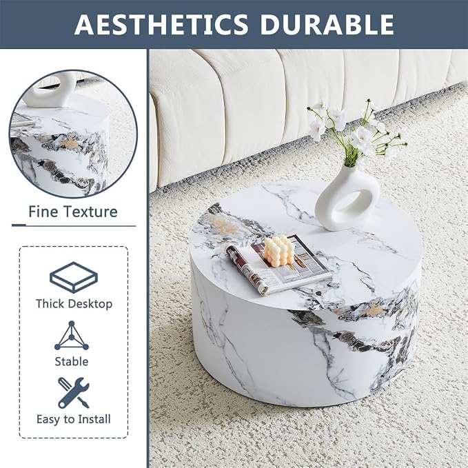 Round Coffee Table Living Room Table, Modern White Faux Marble Center Couch - Image 6