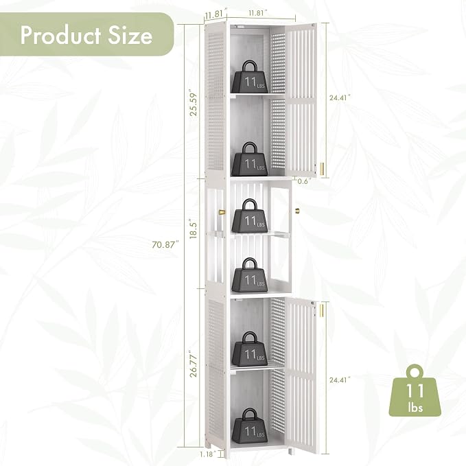 Amazer White Bathroom Storage Cabinet 70'', Bamboo Slim Storage Cabinet - Image 2