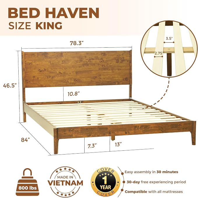 Acacia Haven King Wooden Bed Frame, 100% Solid Wood Platform Bed - Image 2