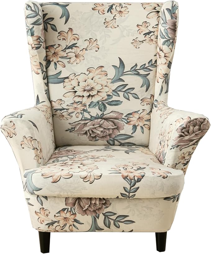 KRFOONN Velvet Wing Chair Slipcovers 2 Piece Stretch Printed Wingback Chair by KRFOONN