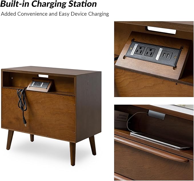 HULALA HOME End Table with Charging Station, Mid-Century Modern 2 Drawer and - Image 4