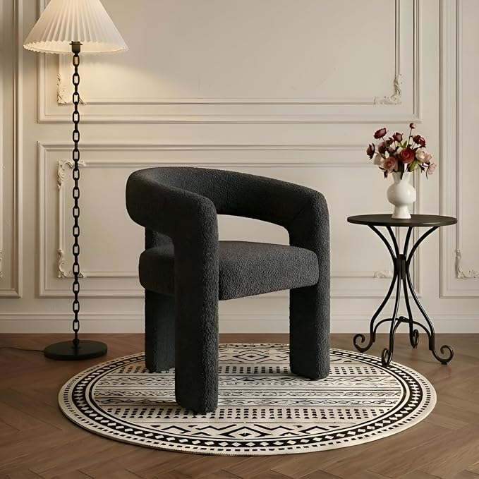 Modern Sherpa Barrel Dining Chair Upholstered Faux Fur Dining Room Chair by QUINJAY