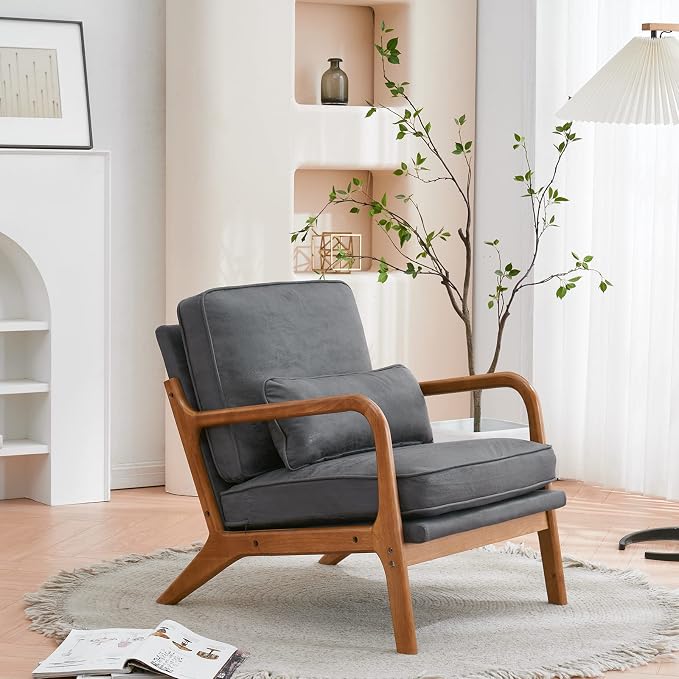 Bonnlo Microfiber Dark Grey Mid Century Modern Accent Chair, Soild Wood Padding - Image 8