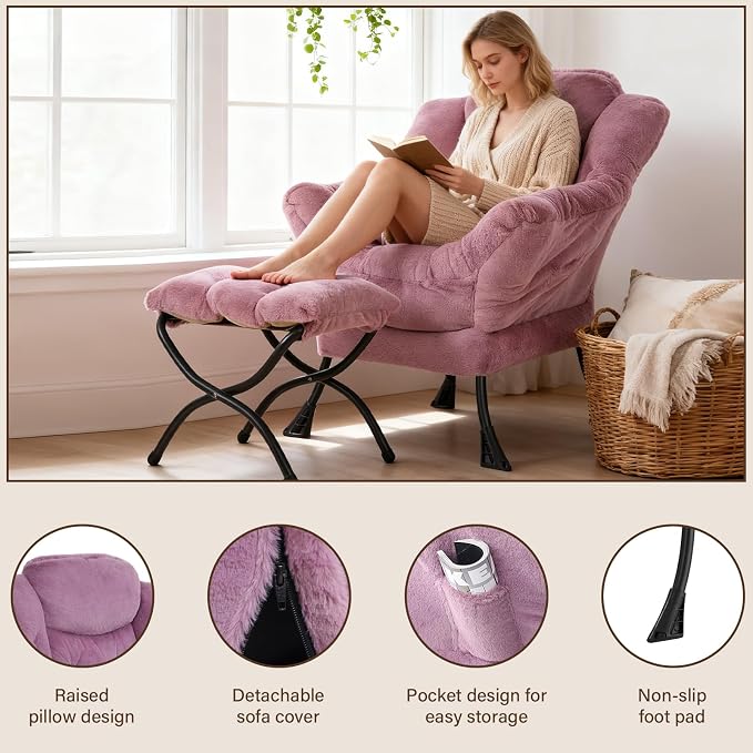 Welnow Lazy Chair with Ottoman, Modern Accent Chair with Armrests and a Side - Image 4