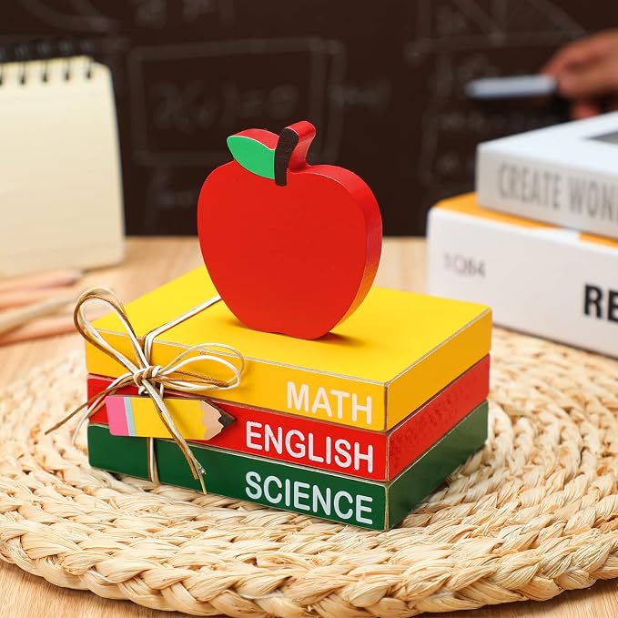 Pinkunn 4 Pcs Back to School Table Decorations, Wooden Apple Centerpiece Stacks - Image 2