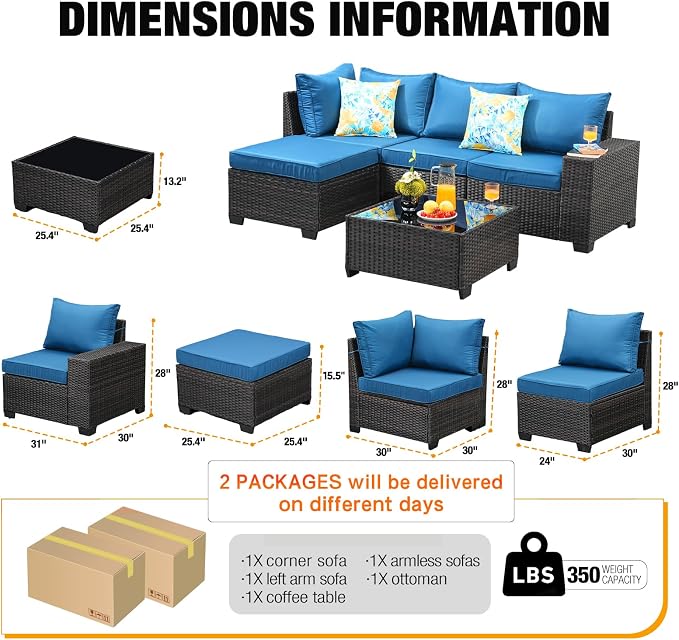 JOYURE 5 Pieces Patio Furniture Set All-Weather Outdoor Wicker Sectional - Image 3