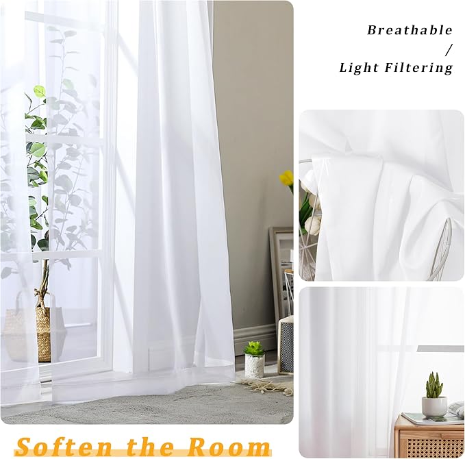 Gwine White Sheer Curtains 84 Inches Long 2 Panels Set - Image 3