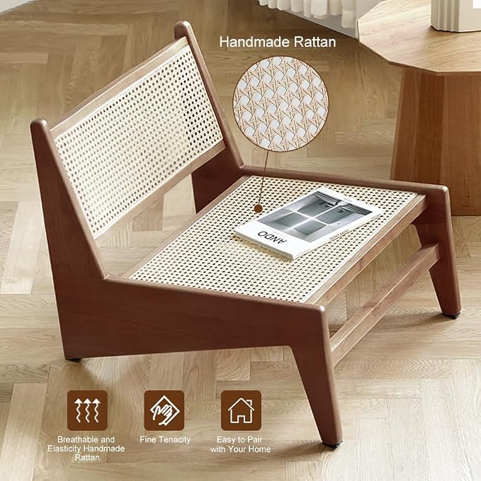 homary Mid Century Modern Chairs Set of 2, Japandi Walnut Rattan and Wood - Image 4