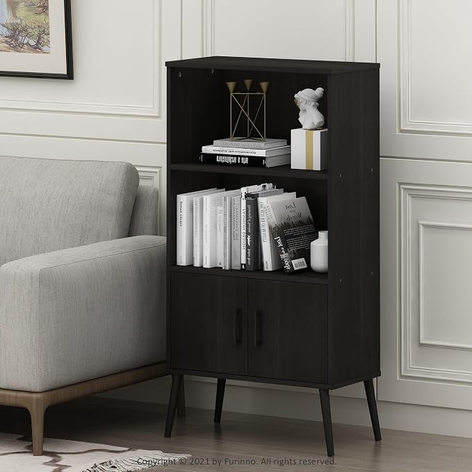 Furinno Claude Mid Century Style Accent Wooden Leg Bookcase Cabinet - Image 2