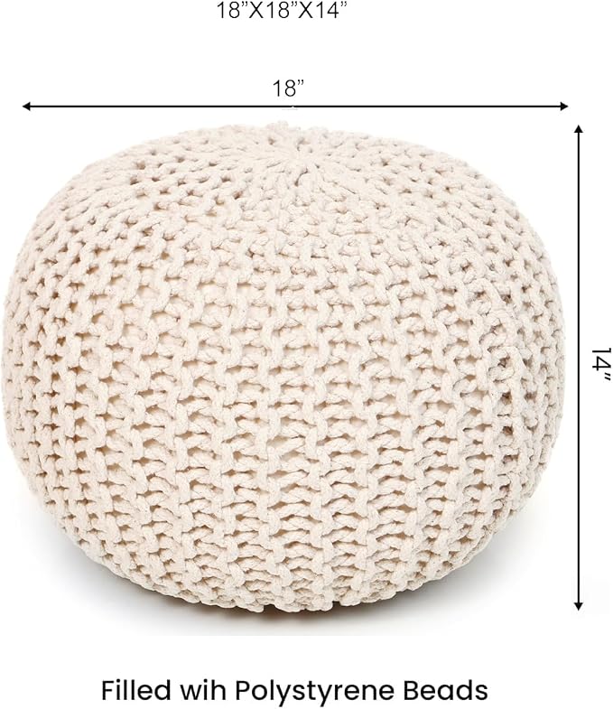REDEARTH Round Pouf Ottoman –18"x18"x14" Hand-Knitted Cotton Pouffe –Cable - Image 3