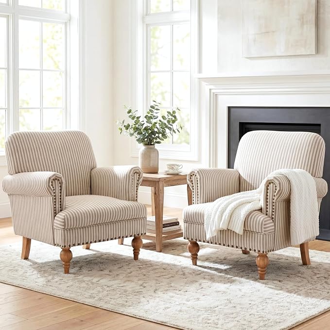 Khaki Striped Linen Fabric Accent Chairs Set of 2, Modern Farmhouse Upholstered by DMFurniture