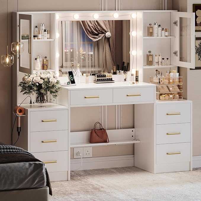 TOKSOM White Vanity Desk with Mirror, Lights & Charging Station, 2 Cabinets and by TOKSOM