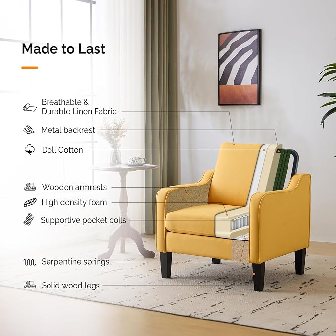 VINGLI Accent Chair for Living Room Chairs Yellow Reading Chair for Bedroom - Image 6