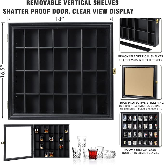Shot Glass Display Case Wooden Cabinet Rack Holder Wall Mounted Black Shadow - Image 2
