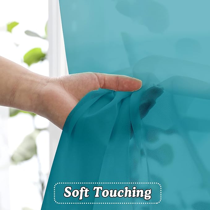 OVZME Turquoise Sheer Curtains 36 inches Long, Short Kitchen Window Treatment - Image 4