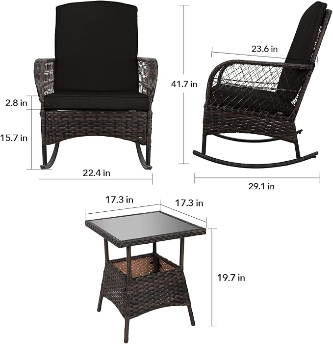 LEVELEVE 3 pcs Rocking Bistro Set Conversation Chairs PE Wicker Outdoor Rocking - Image 5
